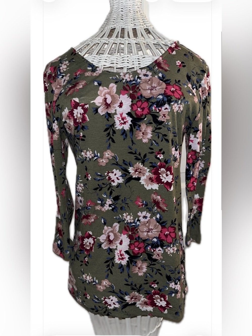 BONGO Olive Floral Mid Long Sleeve Scoop Neck Top with Pink & Burgundy Flowers